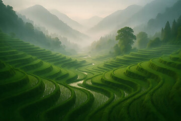 A serene mountain landscape shrouded in mist, with a tranquil and calming atmosphere. The lush greenery and misty mountains evoke peace and natural beauty.