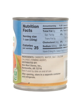 St. Louis, Missouri USA - November 10, 2025: Nutrition facts for Great Value sliced carrots on back of 8.25 oz can