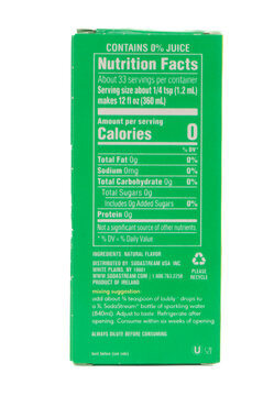 St. Louis, Missouri USA - November 10, 2025: Side of box tuition facts for Bubly drops water flavoring for Sodastream 
