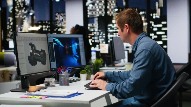 Male IT engineer uses AI techniques to create video game and a turbine, futuristic gaming design for a Mars station project. Sci fi system for a modern game lobby, professional software. Camera B.
