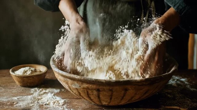 Medium shot of hands stirring spelt flour and warm water in a rustic bowl demonstrating the initial steps of creating a nutritious sourdough culture.