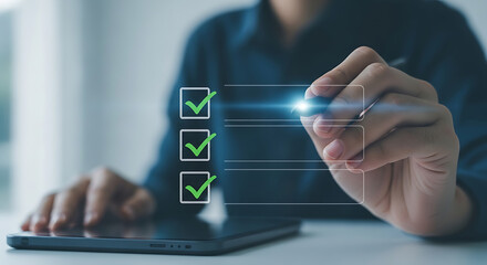 Person using stylus pen on digital tablet to mark checklist with green check marks, for task completion and digital survey concept.