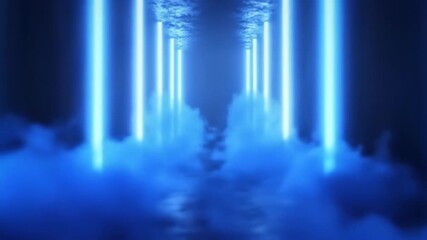 Mysterious smoky corridor, vibrant blue neon lights recede over a textured floor - Powered by Adobe