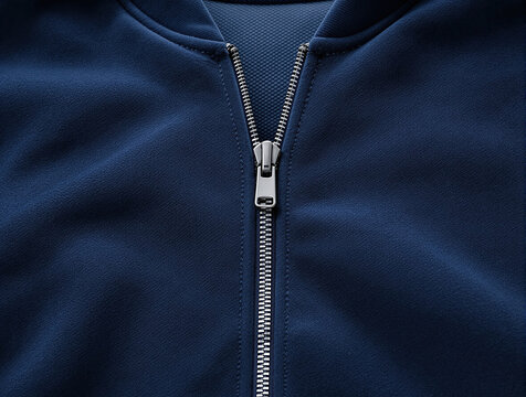 Dark blue jacket with partially unzipped silver metal zipper and visible fabric texture