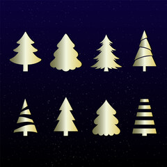 Stylized Gold Christmas Tree Icons on Dark Blue Starry Background. Holiday Graphic for Seasonal Use. Each tree has a unique design, including smooth curves, scalloped edges, and decorative stripes.