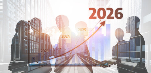 A conceptual image depicting business growth with professionals' silhouettes, a successful projection graph, and a dynamic urban landscape, showcasing future planning and innovation. Tessel