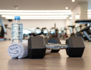 Dumbbells on the floor in a concept fitness room with exercise equipment behind.