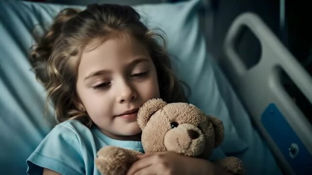 A Young Patient in a Modern Children's Hospital: Portrait of a 5-Year-Old Girl with a Teddy Bear.