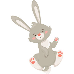 Cute cartoon grey rabbit with pink accents on paws and nose playfully falling with ears up against a white background