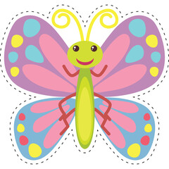 Cute cartoon illustration of a happy colorful butterfly with pink purple blue and yellow wings and green body on a white background with dotted cut out edges