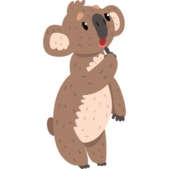 Cute cartoon koala illustration with pink cheeks and black nose standing upright with a curious expression and its paw near its mouth on a transparent background