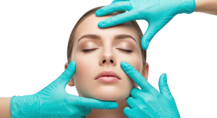 Close up of a woman's face receiving gentle examination or treatment by hands in blue gloves isolate