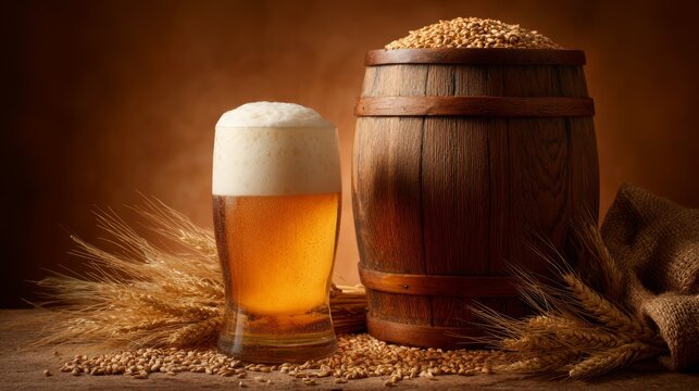 Craft beer served in a glass beside a wooden barrel and grains in a rustic setting