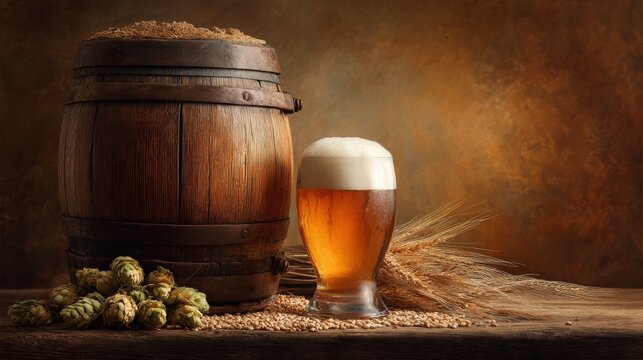 Brewed perfection showcases a glass of golden beer beside a wooden barrel and barley stalks in a rustic setting