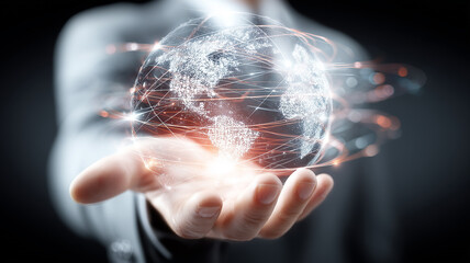 Connected globe in a business hand illustrating worldwide networks, data exchange, and digital collaboration across markets.
