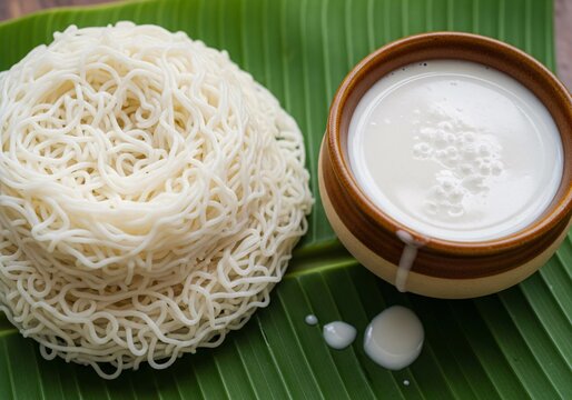 Freshly Steamed Idiyappam with Sweet Coconut Milk on Banana Leaf