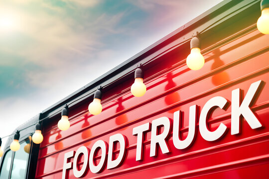 detail of closed red food truck with light bulb background, no people