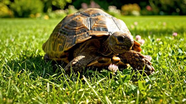 A Mediterranean tortoise running on grass on a sunny day outdoors.

