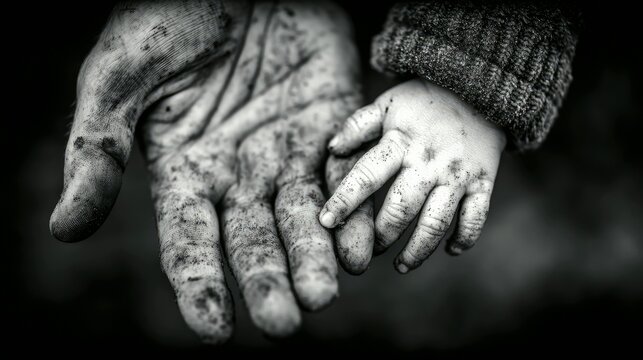 A close-up, black and white image shows a weathered, dirty adult hand gently holding a small, dirty child's hand, suggesting a bond of protection and guidance.