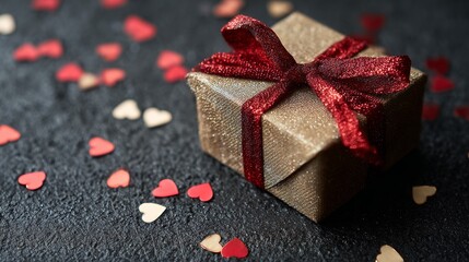 Beautifully wrapped gift box surrounded by heart-shaped confetti for a special occasion