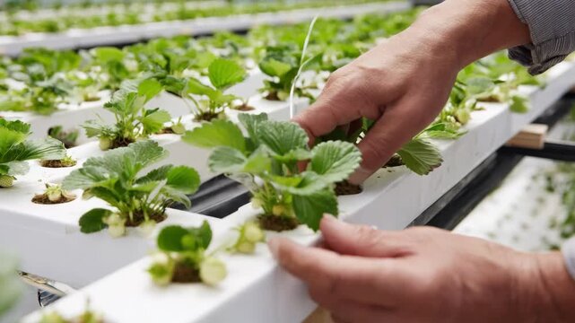 Closeup of hands adjusting floating hydroponic trays filled with vibrant strawberry plants in a greenhouse