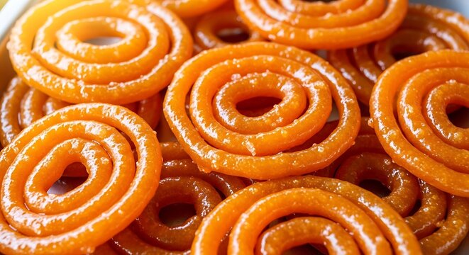 Close-up of golden, syrupy jalebis, a traditional South Asian sweet treat, stacked invitingly on a plate