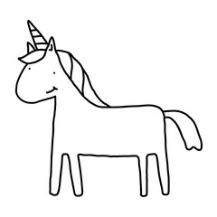 Black and white unicorn doodle sticker with a white border design element