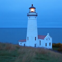 Illuminated lighthouse on a cliff overlooking calm sea at twilight