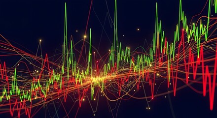 Abstract digital data visualization with colorful lines and points representing complex information flow and analysis on a dark background
