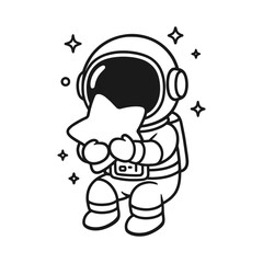 Astronaut hugging a star. Hand-drawn coloring pages