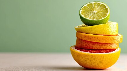 Juicy citrus tower transition: fresh lime, lemon, orange, grapefruit arrangement against green background
