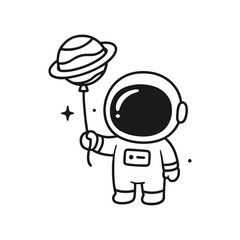 Astronauts carrying planet balloons. Hand-drawn coloring pages