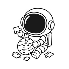 Astronauts playing puzzle. Hand-drawn coloring pages
