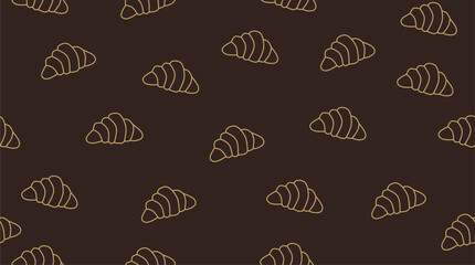 Seamless croissant pattern with golden line art on dark brown background, perfect for bakery, coffee shop, packaging, and cafe branding design.
