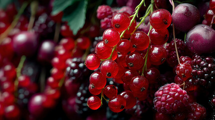 A bunch of red berries, including raspberries and blackberries