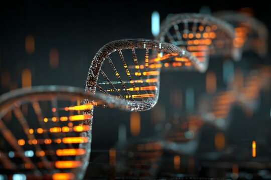 The intersection of technology and genetics: studies in shadowy labs. Financial charts. Shadowy room and sprawling displays: specialists delve into dna patterns. Financial report.