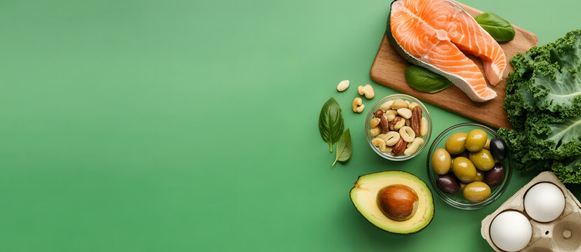 Keto diet concept - salmon, avocado, eggs, nuts and seeds, bright green background, top view
