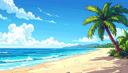 Fototapeta premium A serene tropical beach scene featuring a sandy shore, a leaning palm tree, and a calm turquoise ocean under a blue sky.