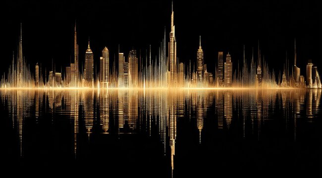 Golden skyline of highrises reflected in dark water, signal wave effect