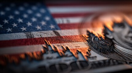 Financial fallout: reflecting global economic turmoil through art. Empty space. Graphing the economic recession: shredded dollar under a dilated sky. Sharp image. Visual balance.