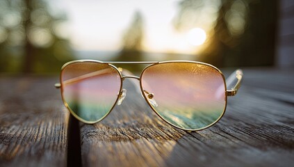 Mirrored aviator sunglasses on weathered wood; sunlit, shallow focus