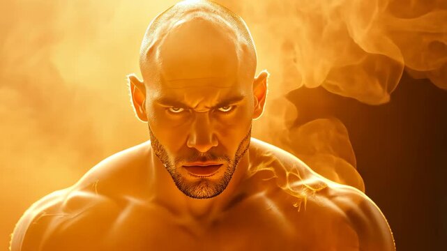 Fiery Gaze: A muscular individual, a symbol of intensity, stares forward, enveloped in an aura of fire. It is a powerful symbol of strength, determination, and indomitable spirit.