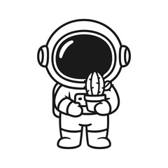 Astronaut carrying a cactus. Hand-drawn coloring pages