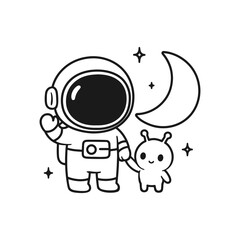 Astronaut with alien child. Hand-drawn coloring pages
