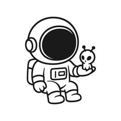 Astronaut with little alien. Hand-drawn coloring pages