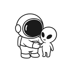 Astronaut shaking hands with alien. Hand-drawn coloring pages