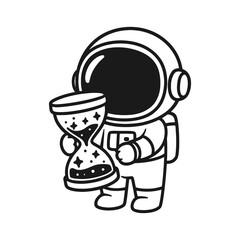 Astronaut carrying an hourglass. Hand-drawn coloring pages