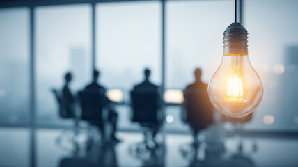 Bulb near a business meeting scene, portraying team innovation, shared vision, and collaborative decision making that turns promising ideas into actionable corporate strategy.
