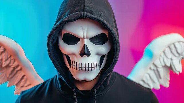 Mystery in the Shadows: A figure draped in a hooded cloak and skull mask, with white wings, stands against a neon backdrop, exuding an air of mystique and the uncanny. 