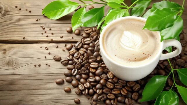 Cup of coffee with foam art surrounded by coffee beans